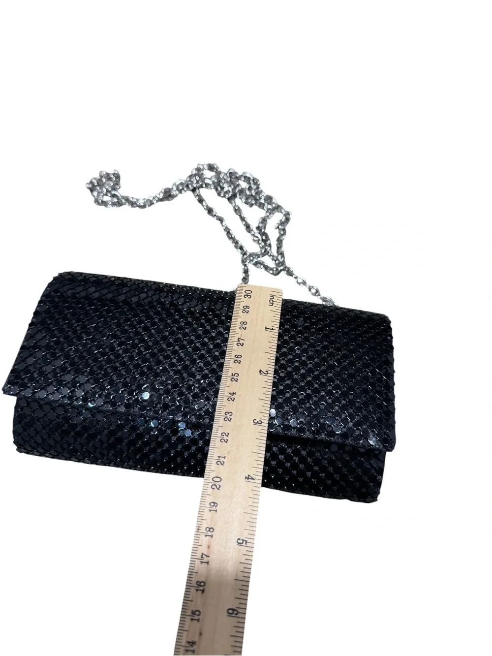 Jessica McClintock Black Sequin Evening Clutch Purse Silver Chain Strap
